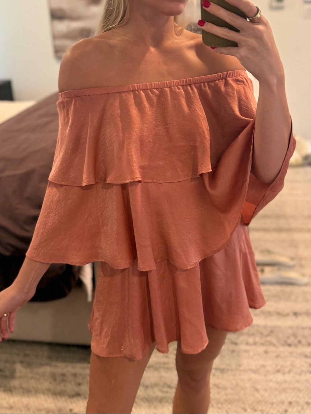 Show Me Your MuMu Off-the-Shoulder Tiered Romper in Terracotta Pink